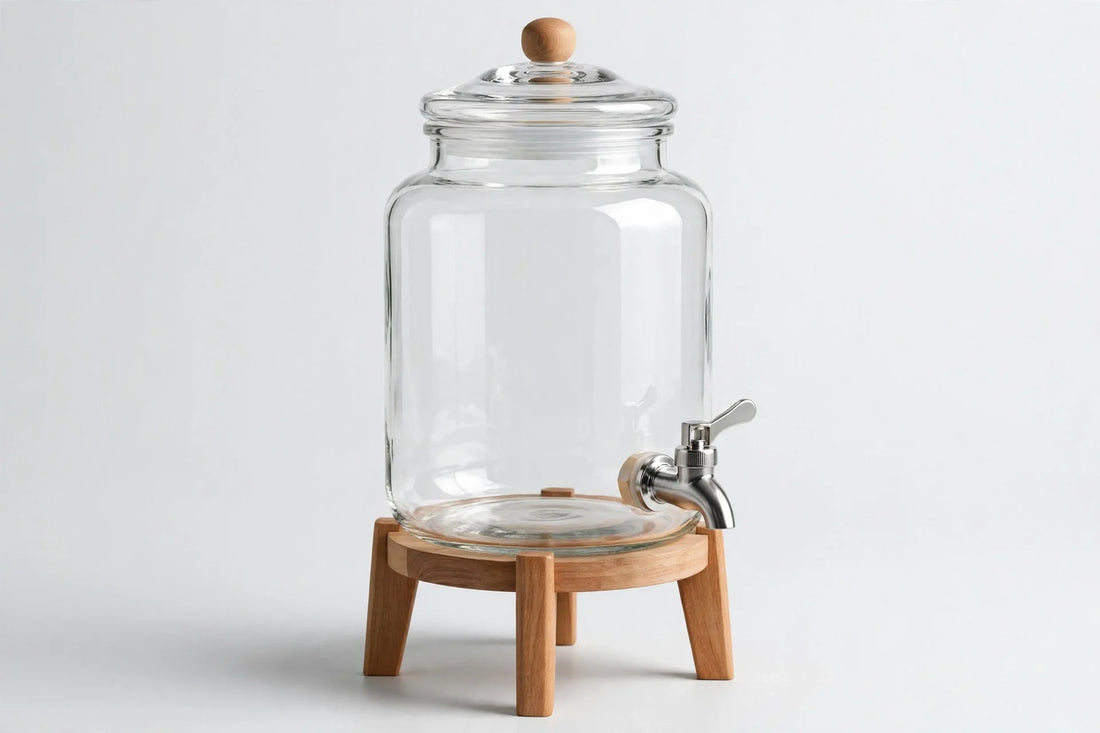 Glass Drink Jar with Wooden Stand and Tap Beverage Dispenser for Home