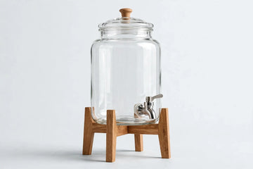 Glass Drink Jar with Wooden Stand and Tap Beverage Dispenser for Home